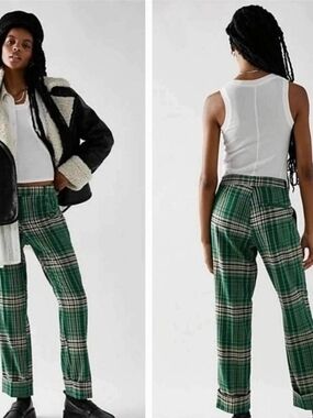 Free People Green Plaid Straight Leg Pants